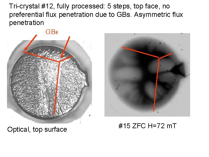 Tri-crystal #12, fully processed: 5 steps, top face, no preferential flux penetration due to