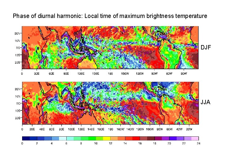 Phase of diurnal harmonic: Local time of maximum brightness temperature DJF JJA 