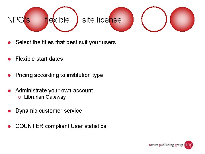 NPG’s flexible site license l Select the titles that best suit your users l