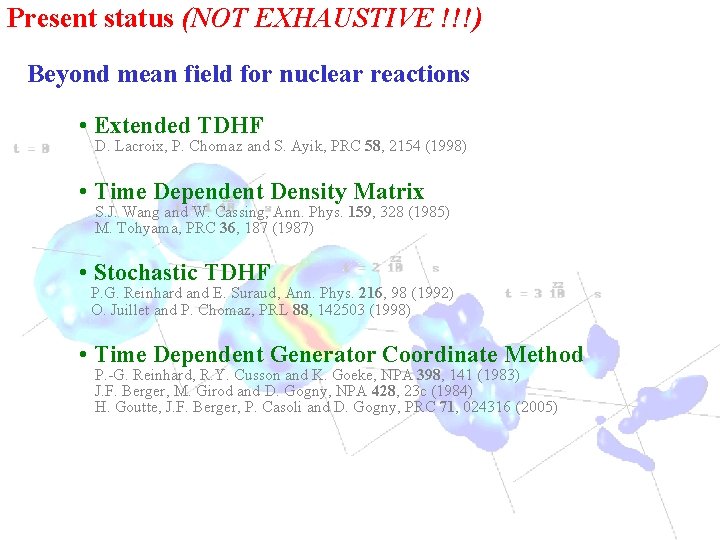 Present status (NOT EXHAUSTIVE !!!) Beyond mean field for nuclear reactions • Extended TDHF