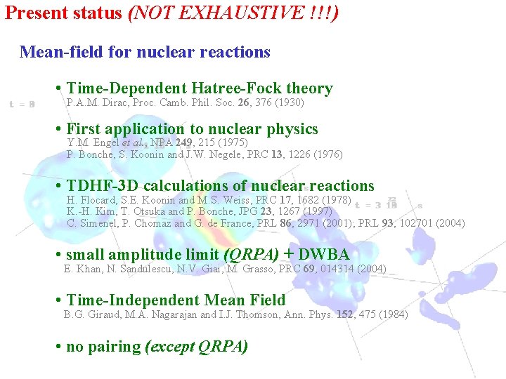 Present status (NOT EXHAUSTIVE !!!) Mean-field for nuclear reactions • Time-Dependent Hatree-Fock theory P.