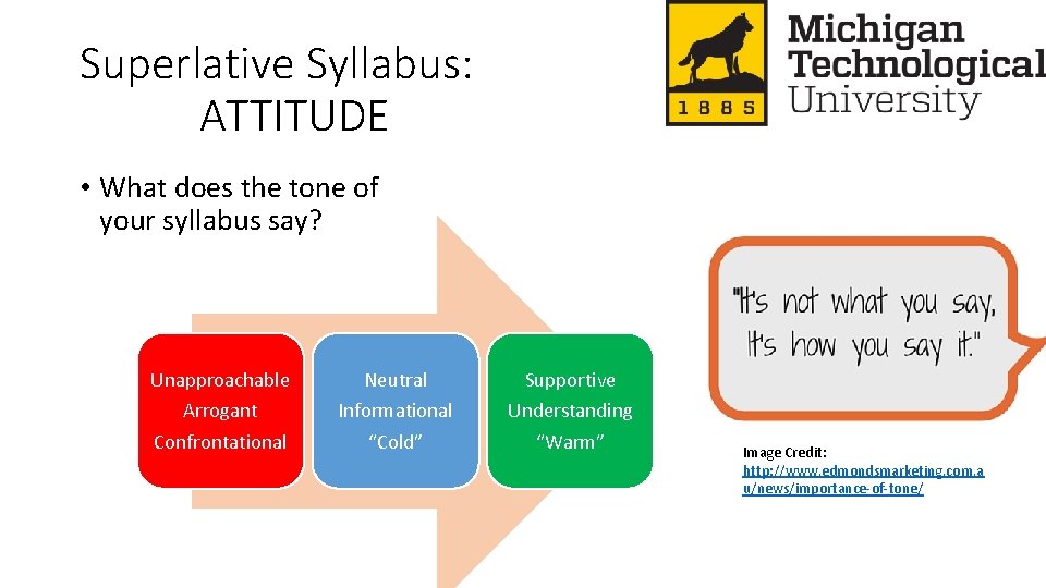 Superlative Syllabus: ATTITUDE • What does the tone of your syllabus say? Unapproachable Arrogant