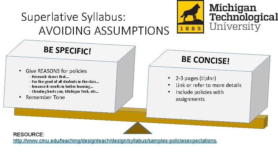 Superlative Syllabus: AVOIDING ASSUMPTIONS BE SPECIFIC! BE CONCISE! • Give REASONS for policies -