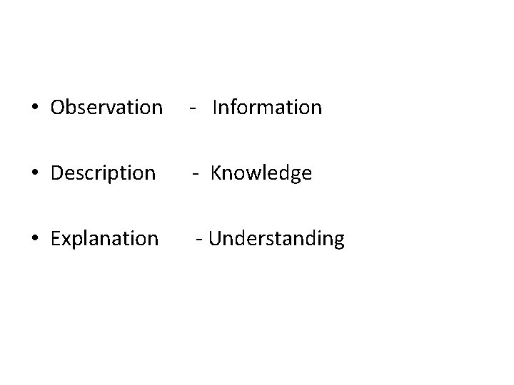  • Observation - Information • Description - Knowledge • Explanation - Understanding 