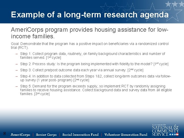 Example of a long-term research agenda Ameri. Corps program provides housing assistance for lowincome