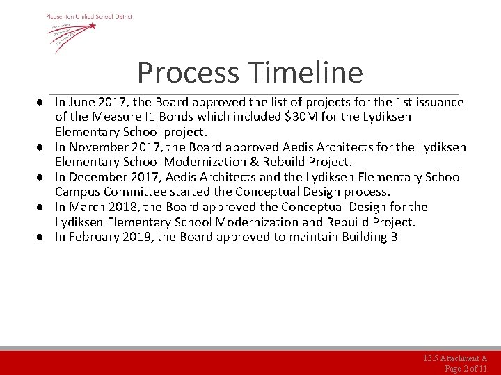 Process Timeline ● In June 2017, the Board approved the list of projects for