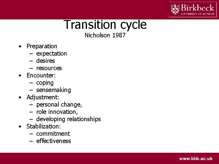 Transition cycle Nicholson 1987 • Preparation – expectation – desires – resources • Encounter:
