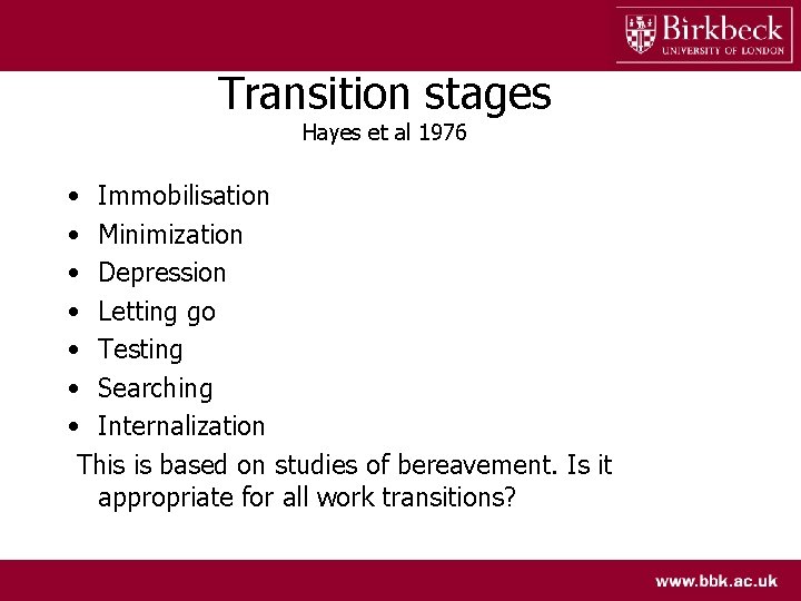 Transition stages Hayes et al 1976 • Immobilisation • Minimization • Depression • Letting