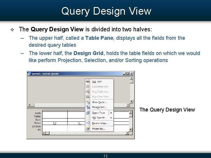 Query Design View v The Query Design View is divided into two halves: –
