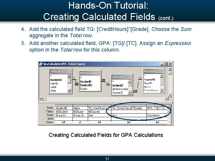 Hands-On Tutorial: Creating Calculated Fields (cont. ) 4. Add the calculated field TG: [Credit.