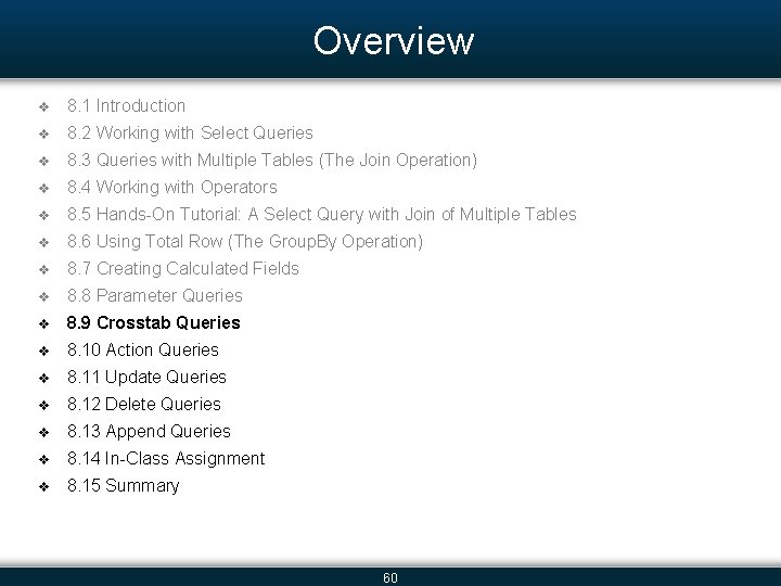 Overview v 8. 1 Introduction v 8. 2 Working with Select Queries v 8.