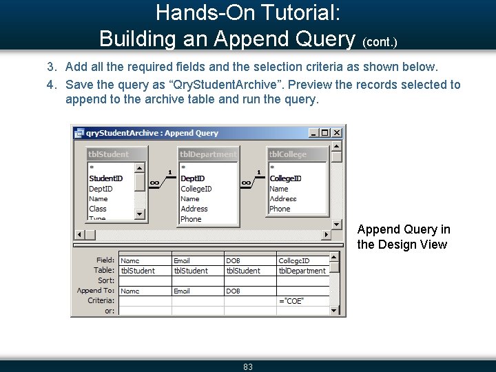 Hands-On Tutorial: Building an Append Query (cont. ) 3. Add all the required fields
