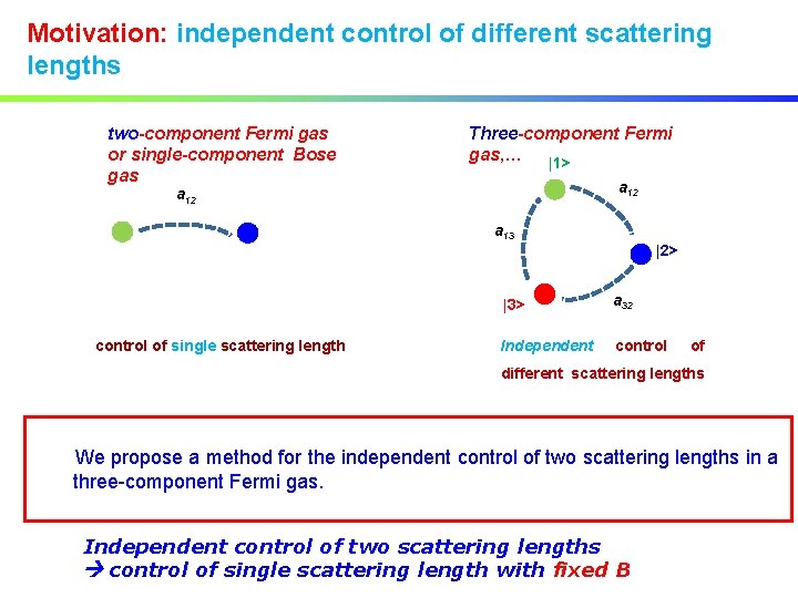 Motivation: independent control of different scattering lengths two-component Fermi gas or single-component Bose gas