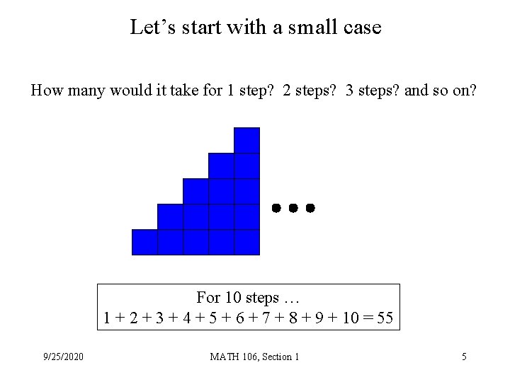 Let’s start with a small case How many would it take for 1 step?