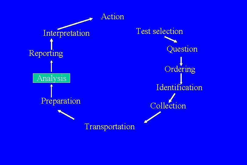 Action Interpretation Test selection Question Reporting Ordering Analysis Identification Preparation Collection Transportation 
