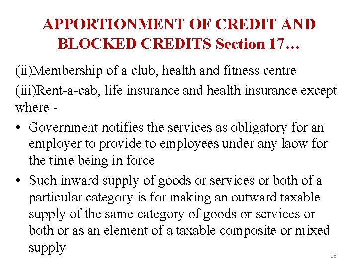 APPORTIONMENT OF CREDIT AND BLOCKED CREDITS Section 17… (ii)Membership of a club, health and