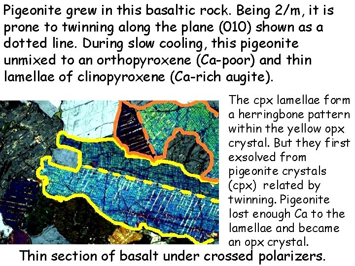 Pigeonite grew in this basaltic rock. Being 2/m, it is prone to twinning along