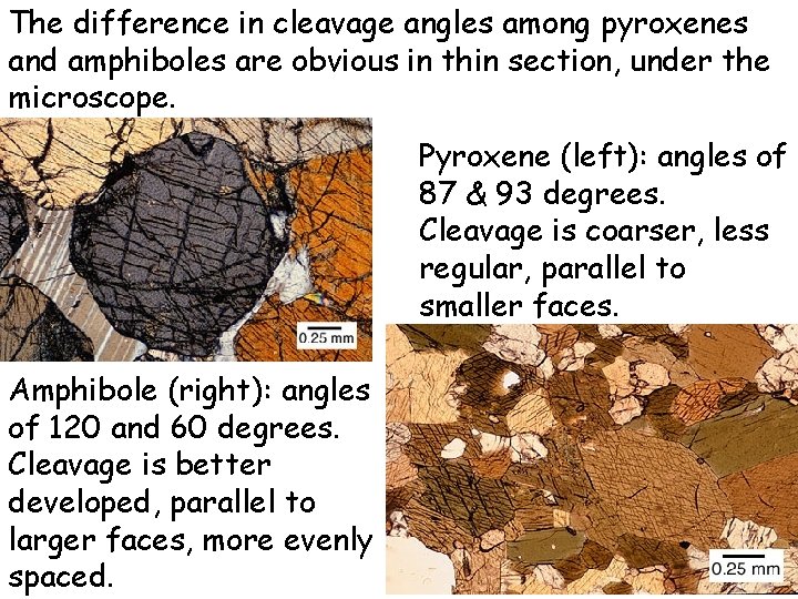 The difference in cleavage angles among pyroxenes and amphiboles are obvious in thin section,