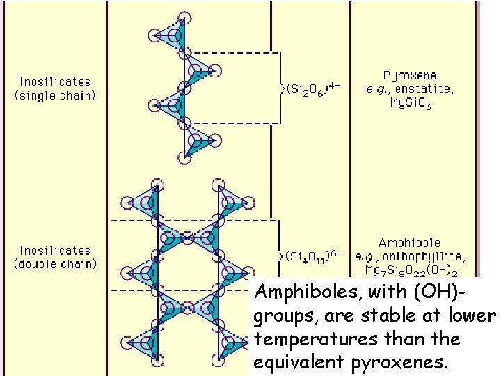 Amphiboles, with (OH)groups, are stable at lower temperatures than the equivalent pyroxenes. 