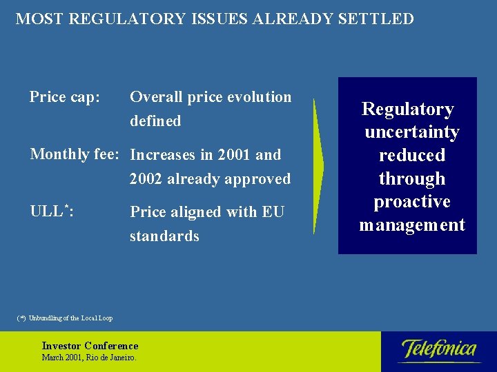 MOST REGULATORY ISSUES ALREADY SETTLED Price cap: Overall price evolution defined Monthly fee: Increases