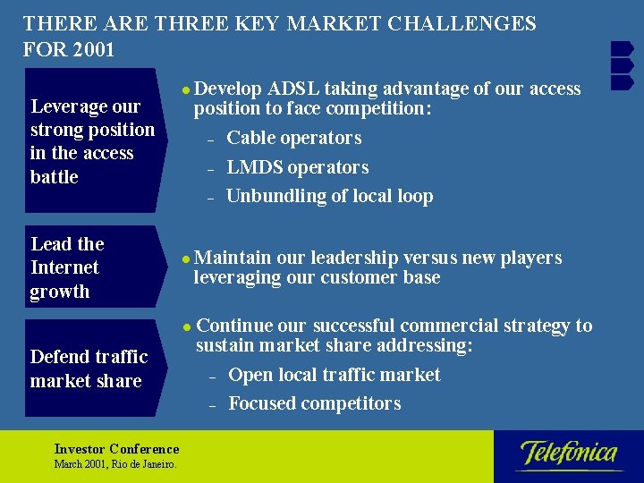 THERE ARE THREE KEY MARKET CHALLENGES FOR 2001 Leverage our strong position in the