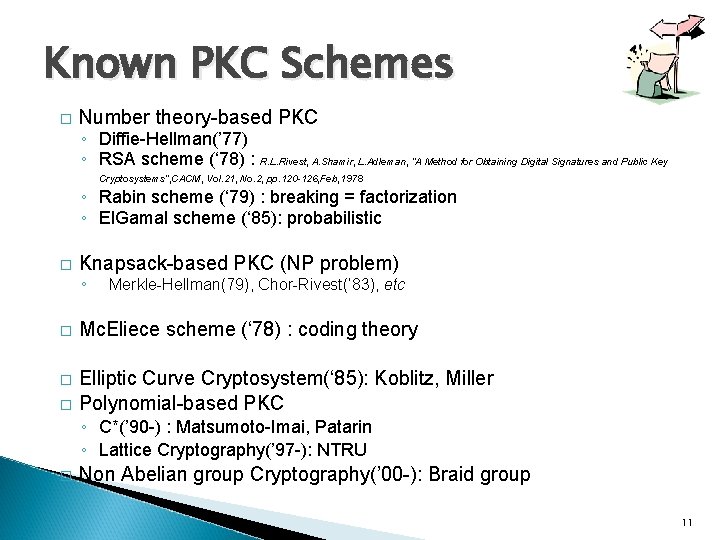 Known PKC Schemes � Number theory-based PKC ◦ Diffie-Hellman(’ 77) ◦ RSA scheme (‘