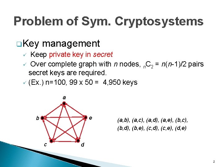 Problem of Sym. Cryptosystems q. Key management ü Keep private key in secret ü