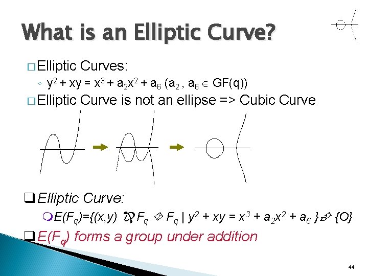 What is an Elliptic Curve? � Elliptic Curves: ◦ y 2 + xy =