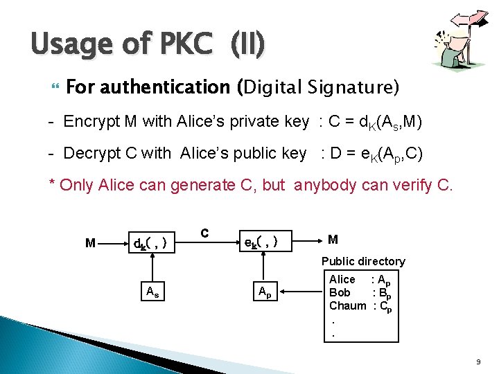 Usage of PKC (II) For authentication (Digital Signature) - Encrypt M with Alice’s private