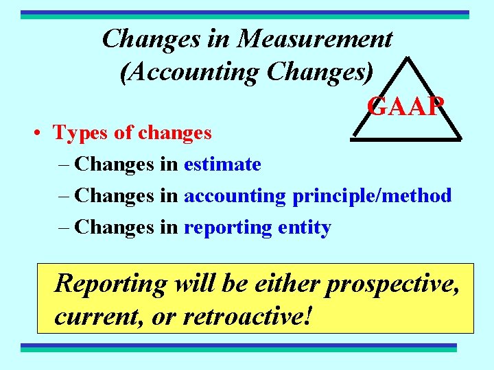Changes in Measurement (Accounting Changes) GAAP • Types of changes – Changes in estimate
