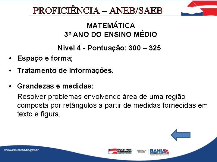 PROFICIÊNCIA – ANEB/SAEB MATEMÁTICA 3º ANO DO ENSINO MÉDIO Nível 4 - Pontuação: 300