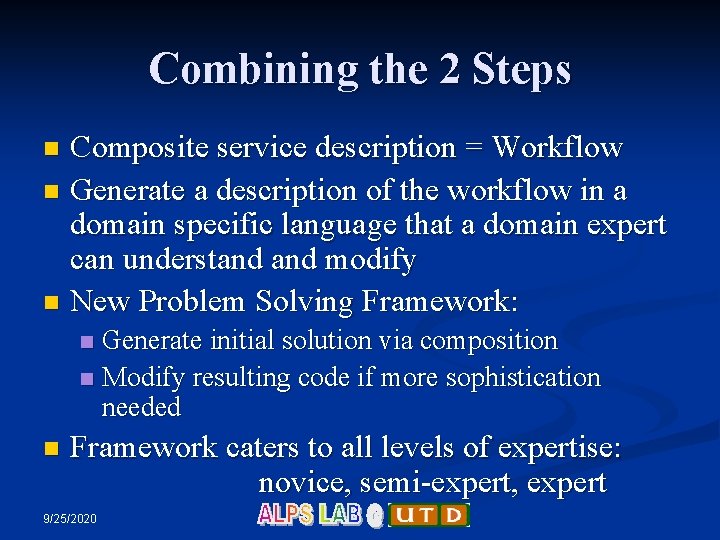 Combining the 2 Steps Composite service description = Workflow n Generate a description of