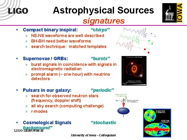 Astrophysical Sources signatures § Compact binary inspiral: “chirps” » NS-NS waveforms are well described