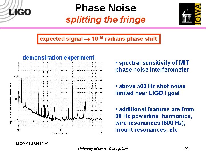 Phase Noise splitting the fringe expected signal 10 -10 radians phase shift demonstration experiment