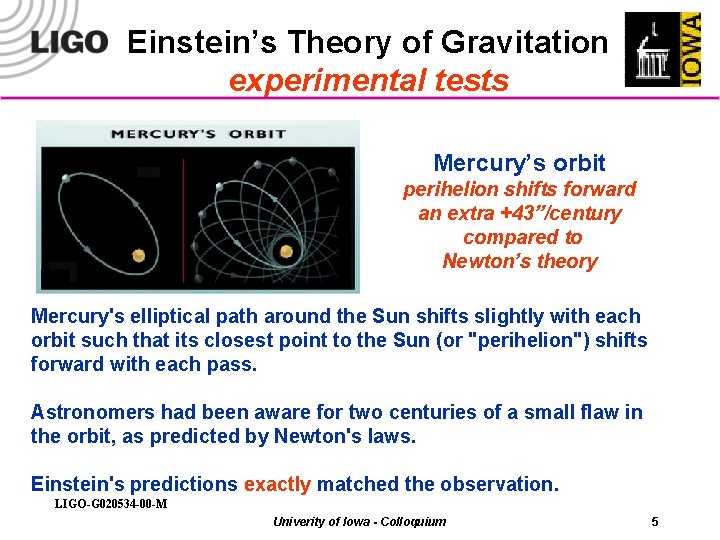 Einstein’s Theory of Gravitation experimental tests Mercury’s orbit perihelion shifts forward an extra +43”/century