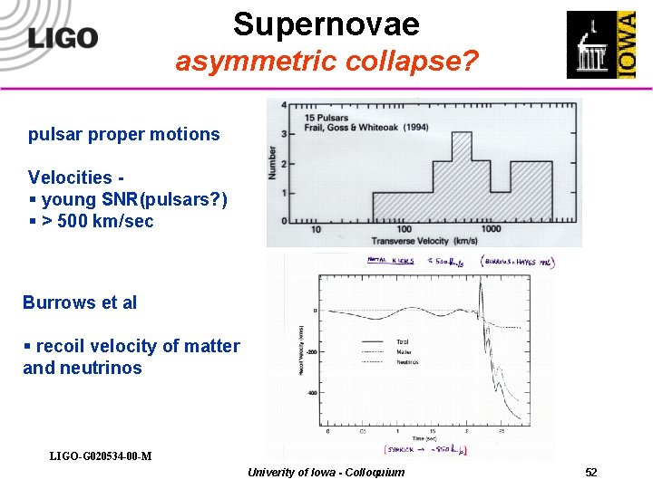 Supernovae asymmetric collapse? pulsar proper motions Velocities - § young SNR(pulsars? ) § >