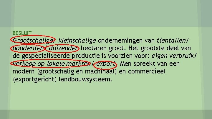 BESLUIT Grootschalige/ kleinschalige ondernemingen van tientallen/ honderden/ duizenden hectaren groot. Het grootste deel van