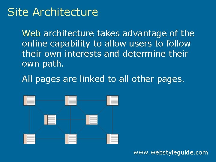 Site Architecture Web architecture takes advantage of the online capability to allow users to