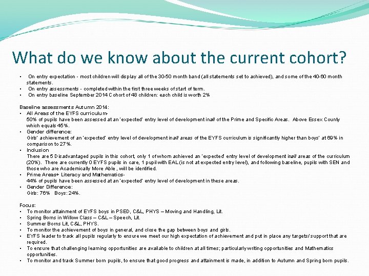 What do we know about the current cohort? • • • On entry expectation