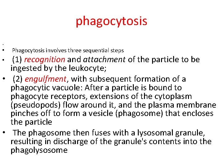 phagocytosis. • Phagocytosis involves three sequential steps (1) recognition and attachment of the particle