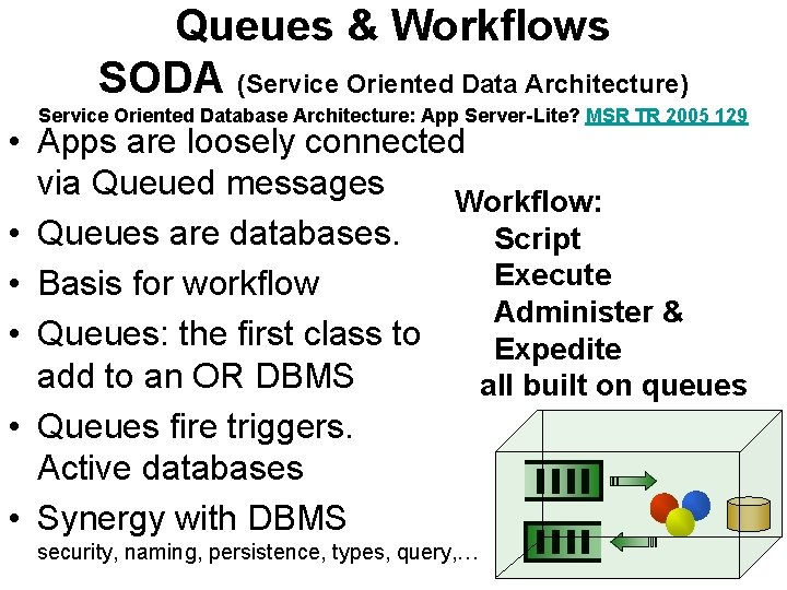 Queues & Workflows SODA (Service Oriented Data Architecture) Service Oriented Database Architecture: App Server-Lite?