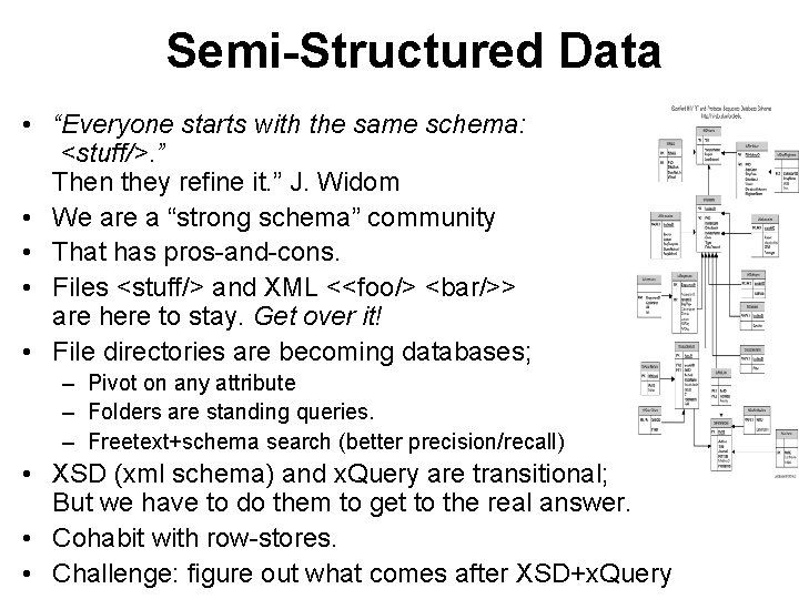 Semi-Structured Data • “Everyone starts with the same schema: <stuff/>. ” Then they refine