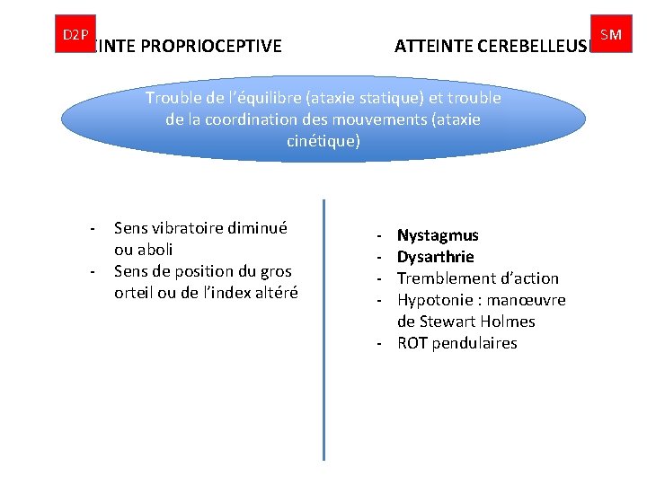 D 2 P ATTEINTE PROPRIOCEPTIVE ATTEINTE CEREBELLEUSE Trouble de l’équilibre (ataxie statique) et trouble