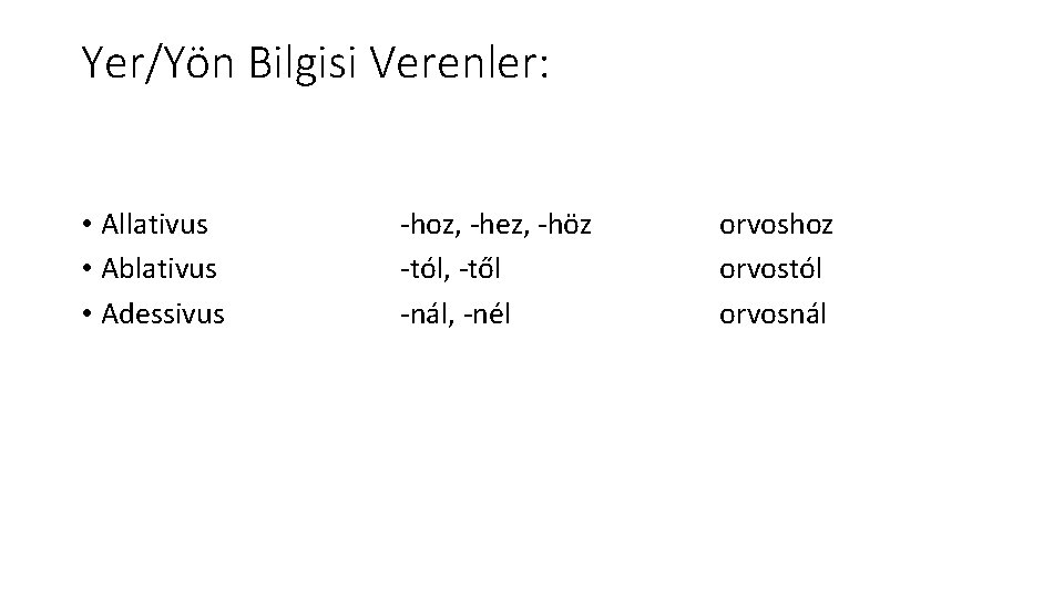 Yer/Yön Bilgisi Verenler: • Allativus • Ablativus • Adessivus -hoz, -hez, -höz -tól, -től