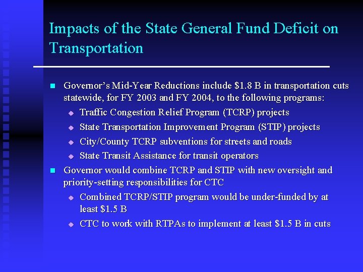 Impacts of the State General Fund Deficit on Transportation n n Governor’s Mid-Year Reductions