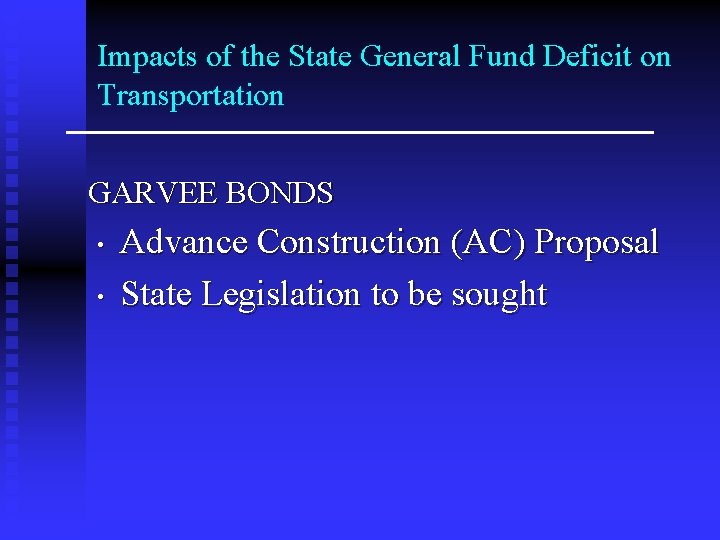 Impacts of the State General Fund Deficit on Transportation GARVEE BONDS • • Advance