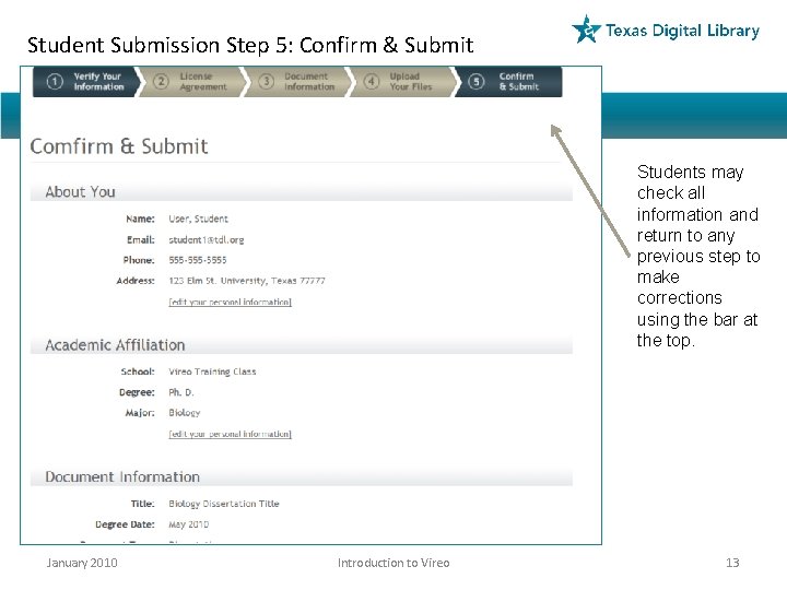 Student Submission Step 5: Confirm & Submit Students may check all information and return