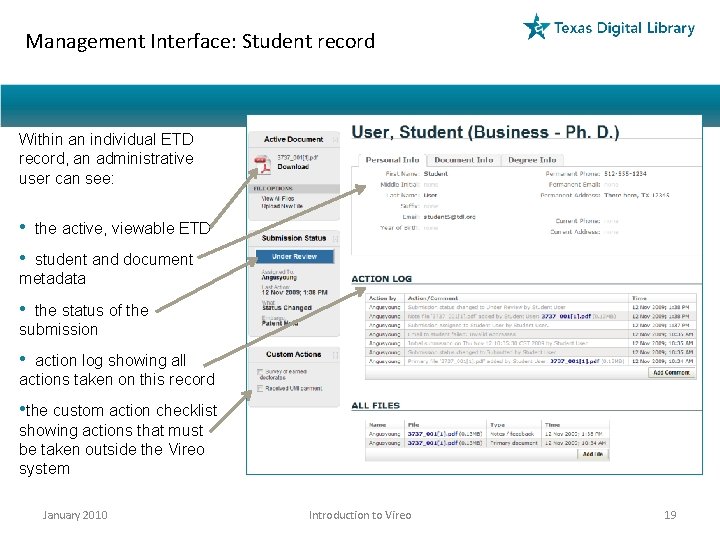 Management Interface: Student record Within an individual ETD record, an administrative user can see: