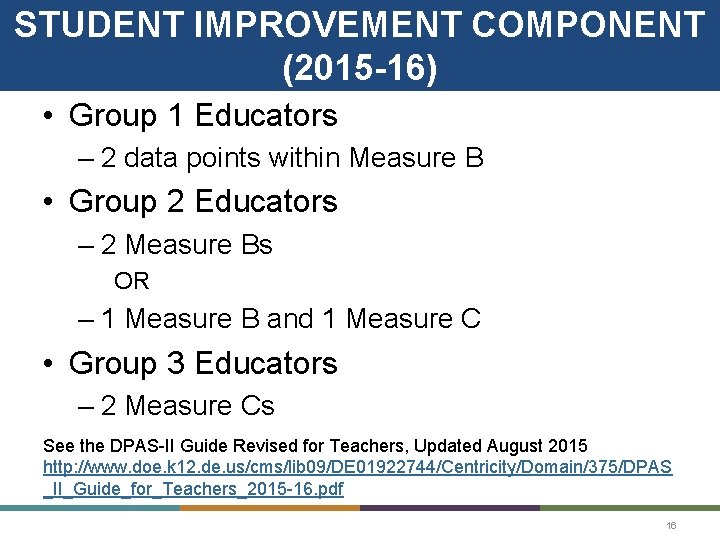 STUDENT IMPROVEMENT COMPONENT (2015 -16) • Group 1 Educators – 2 data points within