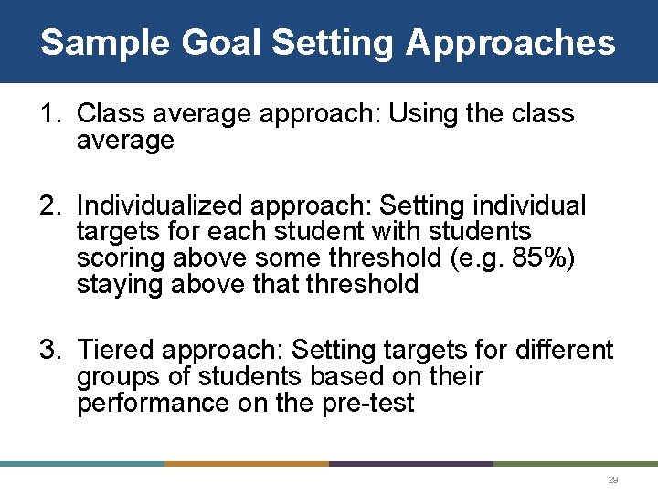 Sample Goal Setting Approaches 1. Class average approach: Using the class average 2. Individualized